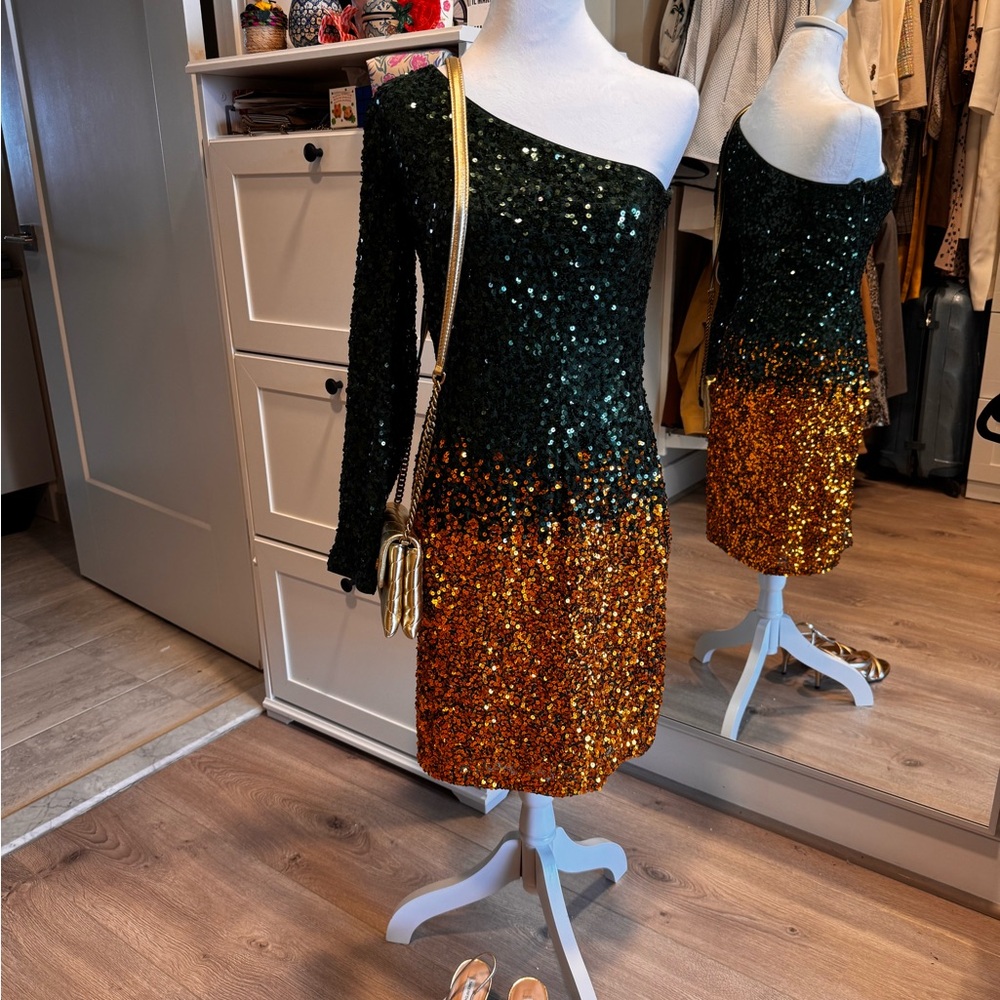 Green and Brown Sequin One Shoulder Bodycon Dress